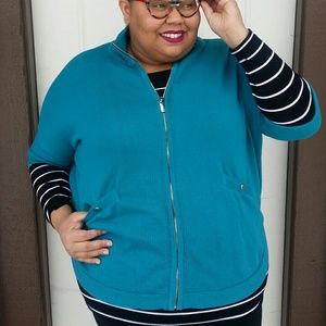 White House Black Market teal zip up sweater